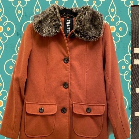 Burnt brown Mod Coat w/ Faux Fur Collar Details Intl Retro Fall Jacket S NWOT - Picture 11 of 11